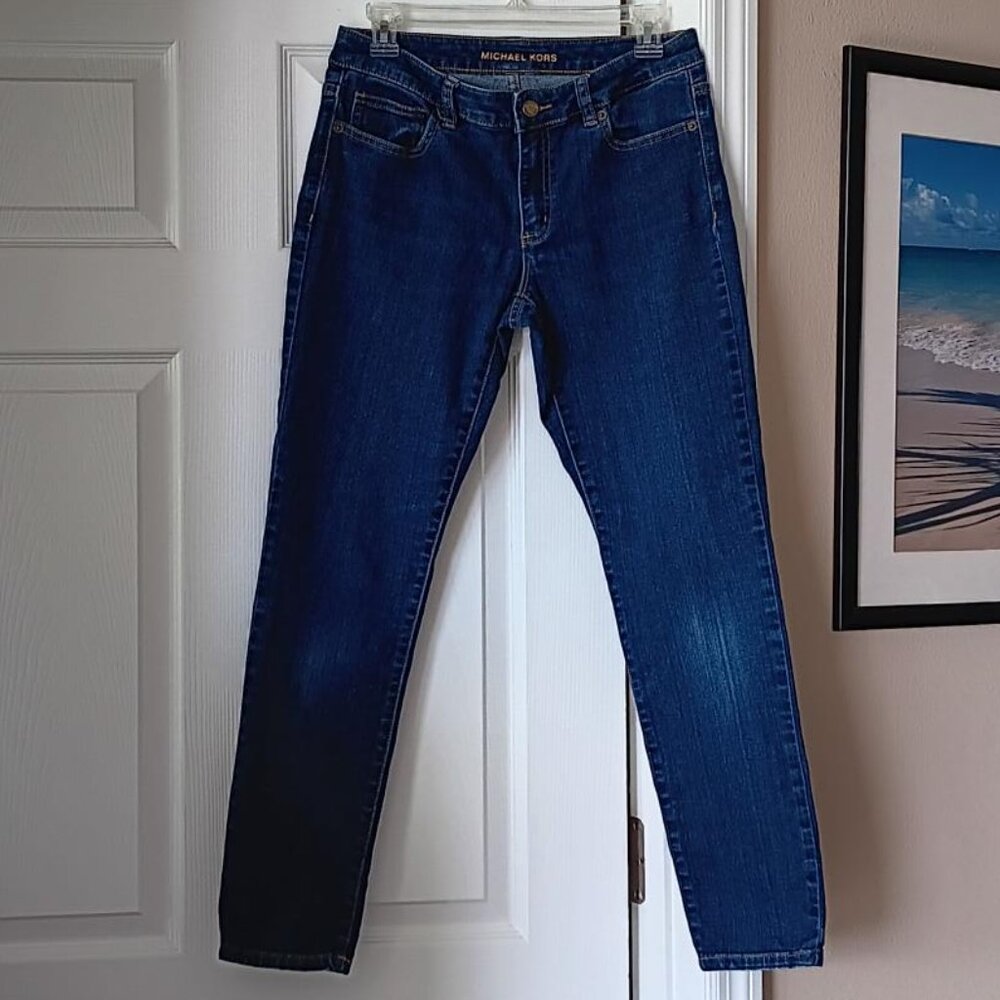 MICHAEL KORS Jeans Womens Skinny Dark Blue with Metal Emblem Back Pocket Size 6